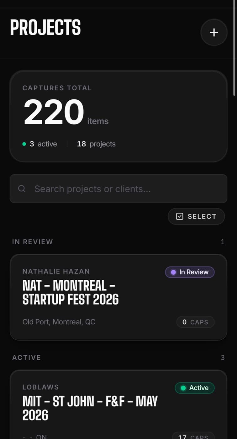 Onsite Projects screen on iPhone, projects grouped by status with capture totals.