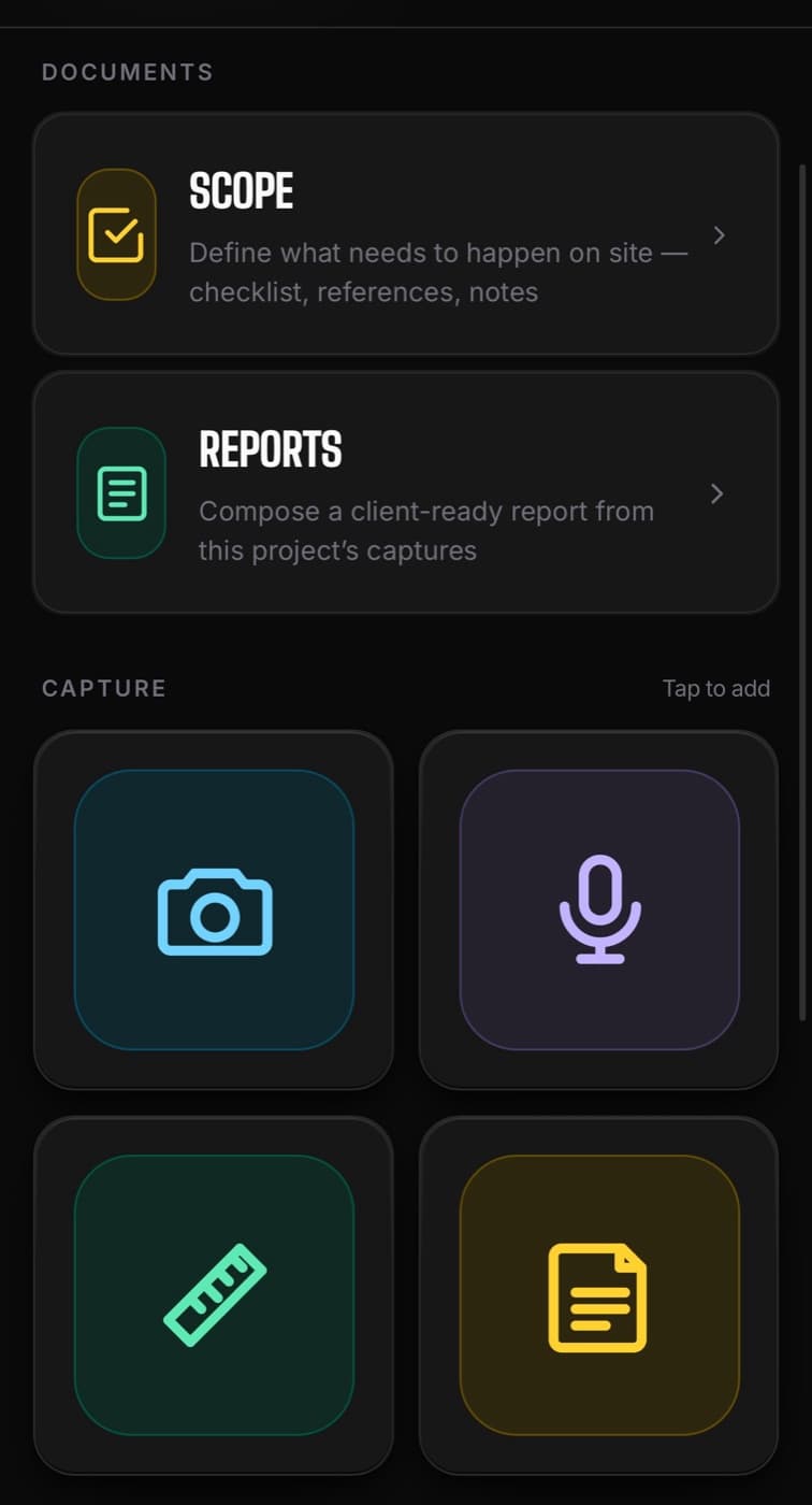 Onsite capture grid showing camera, voice, measurement, and note tiles.
