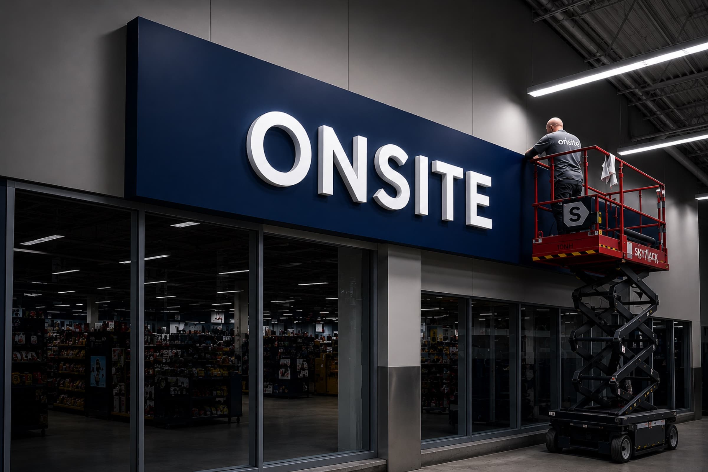 A field installer on a scissor lift completing a large blue retail signage installation at night.